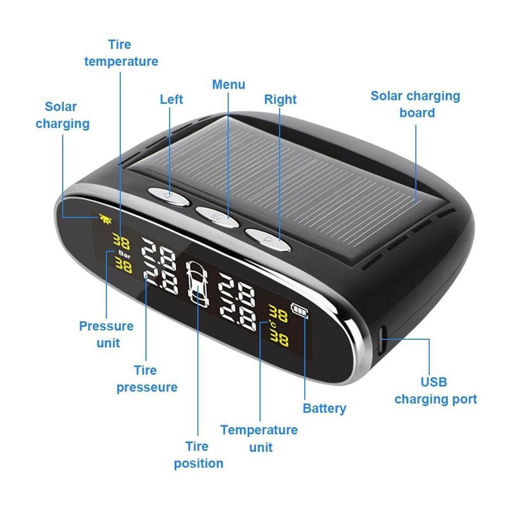 Car Tyre Pressure System Solar, Safety Monitor with 4pcs LCD Display, Tyre Pressure Temperature Warning Alarm Monitor Systems