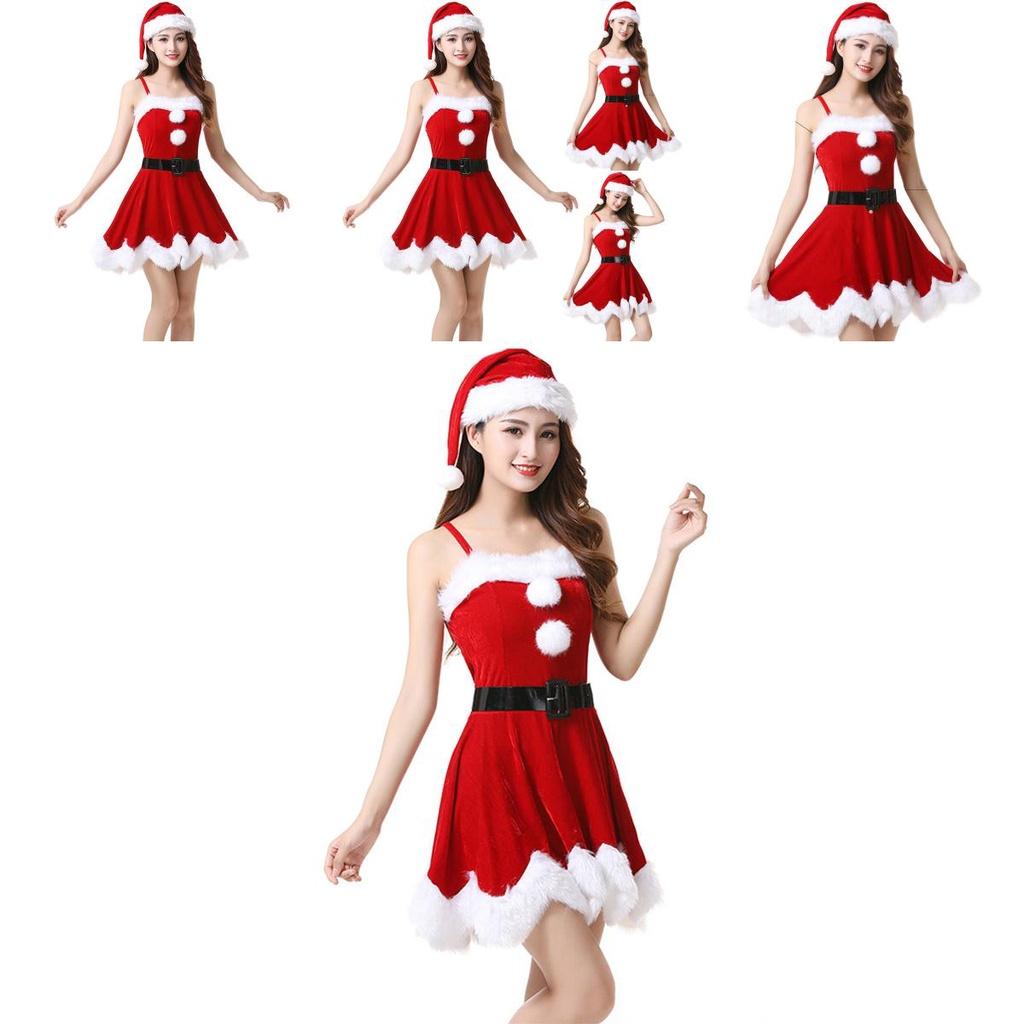 Red Velvet Women Christmas Costume With Soft Touch Santa Claus Dress And Hat