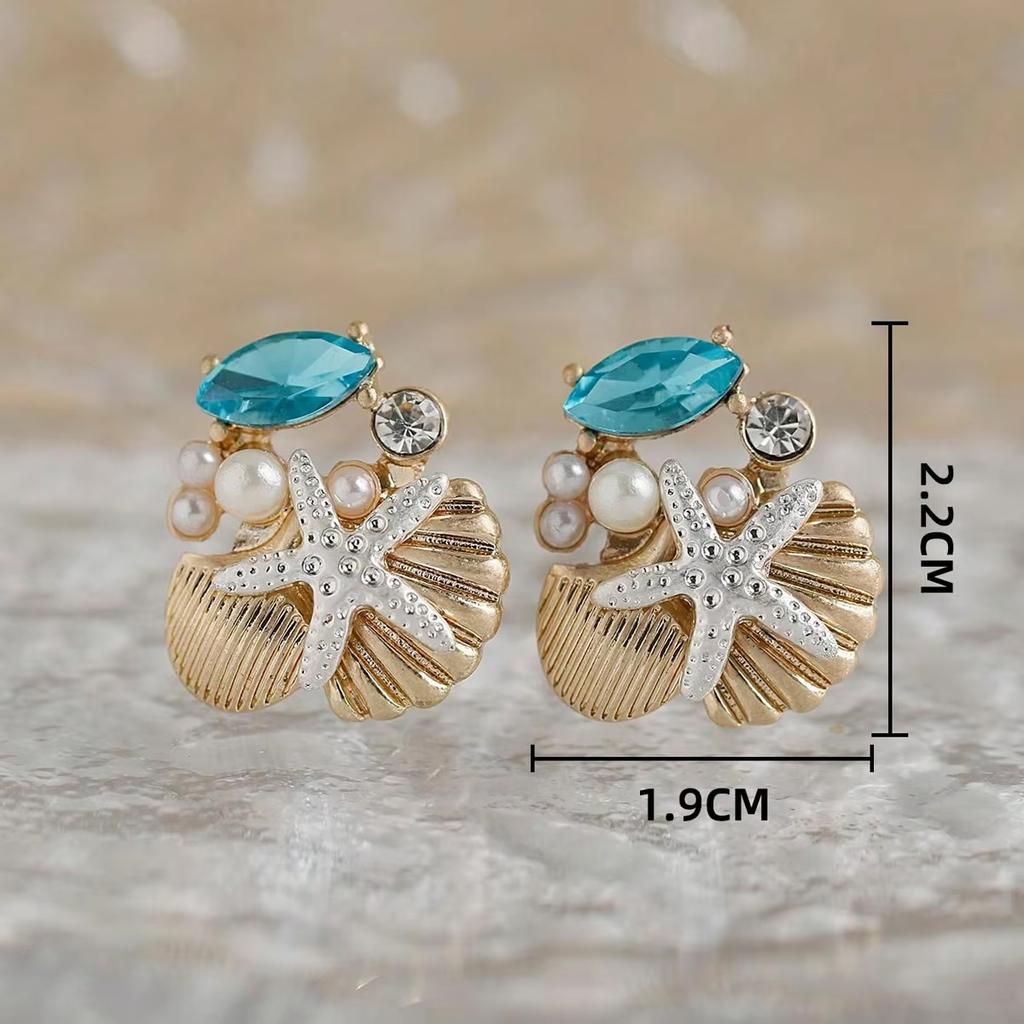 Ensemble 2 Pièces Boucles d'Oreilles Coquillage Étoile de Mer Ensemble Tendre Pierre de Cristal Bleu Imitation Perle Boucles d'Oreilles Pour Femme Bijoux Couleur Froide Brillante