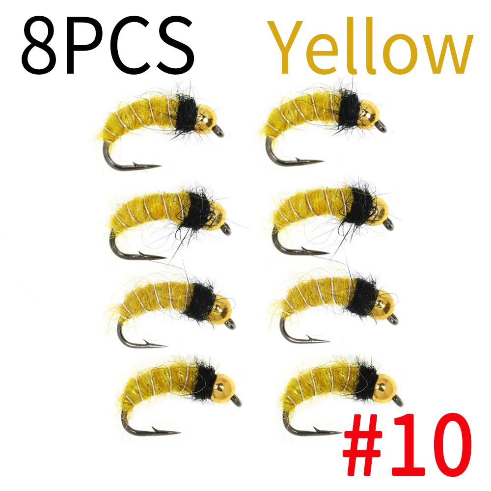 6/8 STÜCKE 2 Größen Perlenkopf Köcherfliegenlarve Nymphe Fliege Realistische Bachflohkrebs Insekt Wurm für Forellen Äschen Angelköder (Widerhakenhaken, Schnell sinkend)