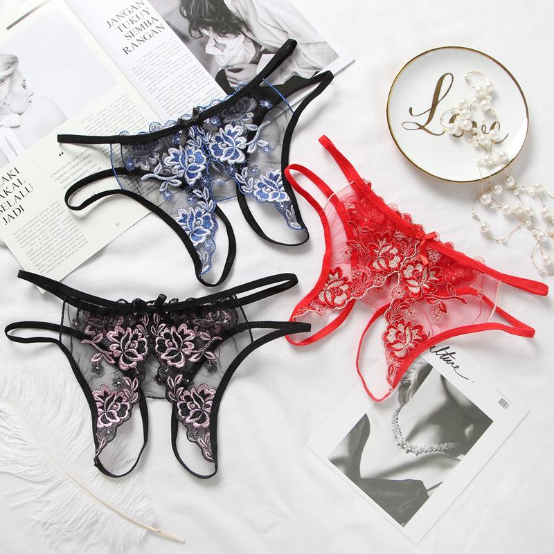 Sexy lingerie women's sexy open crotch thong embroidered seduction perspective panties women's low waist