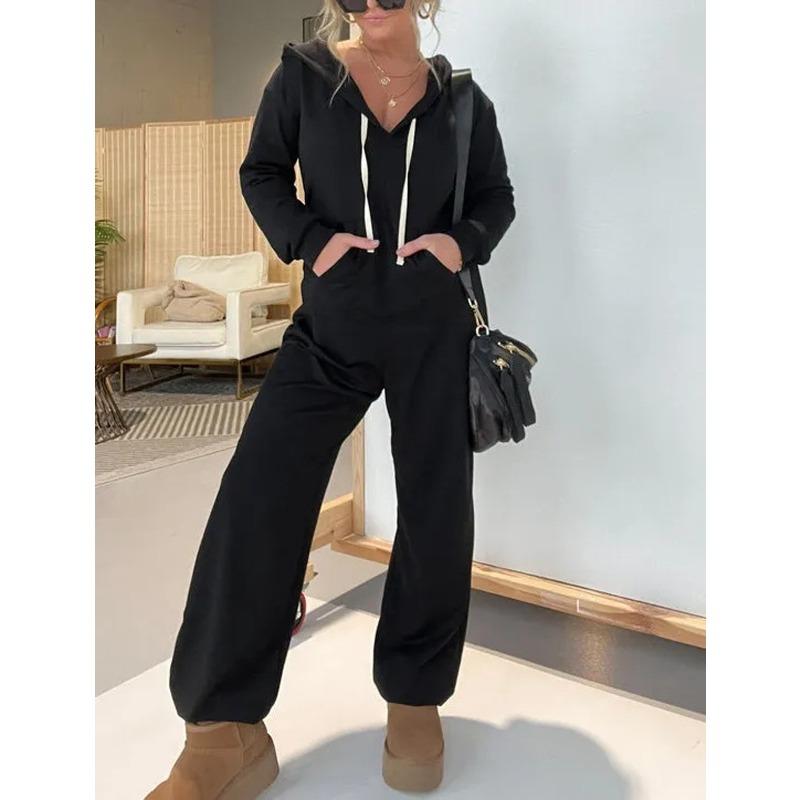 women s Solid Color Hooded Drawstring Long Sleeve Pocket Loose Casual Sweatshirt Jumpsuit S чёрный