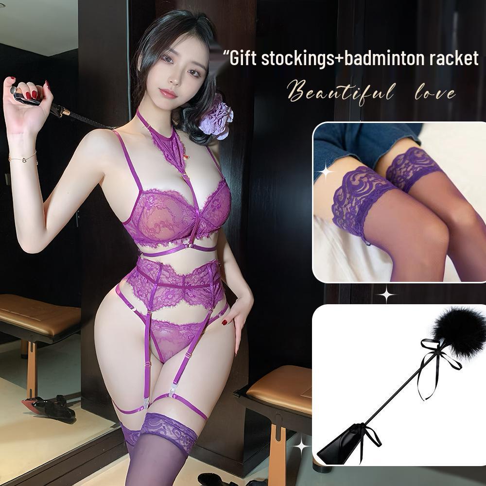 Sexy Lace-Up Halter Lingerie Set with See-Through Butterfly Garter