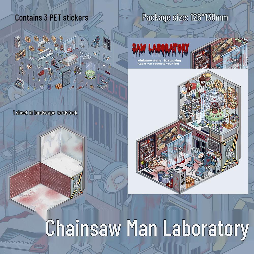 Chainsaw Maniac Laboratory Scenery Stickers: 3 PET Sheets for DIY Miniature Collage and Journal