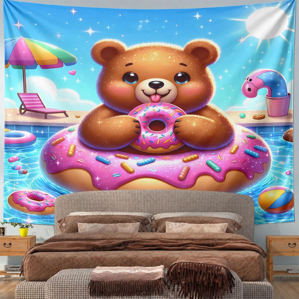 Cute Bear with Donut Pool Float Design Pattern Wall Hanging Tapestry Decorative Tapestry Home Decor for Bedroom and Living Room