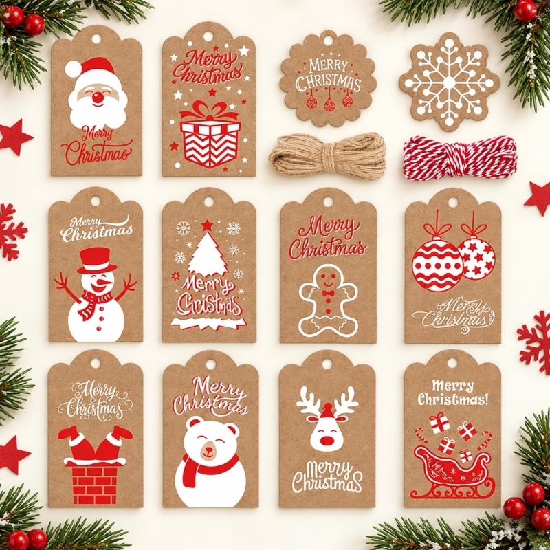 Christmas Gift Label and Reading Marker Set, 120 Paper Labels with String for Presents, Greeting Cards, Table Cards, and Party Favors