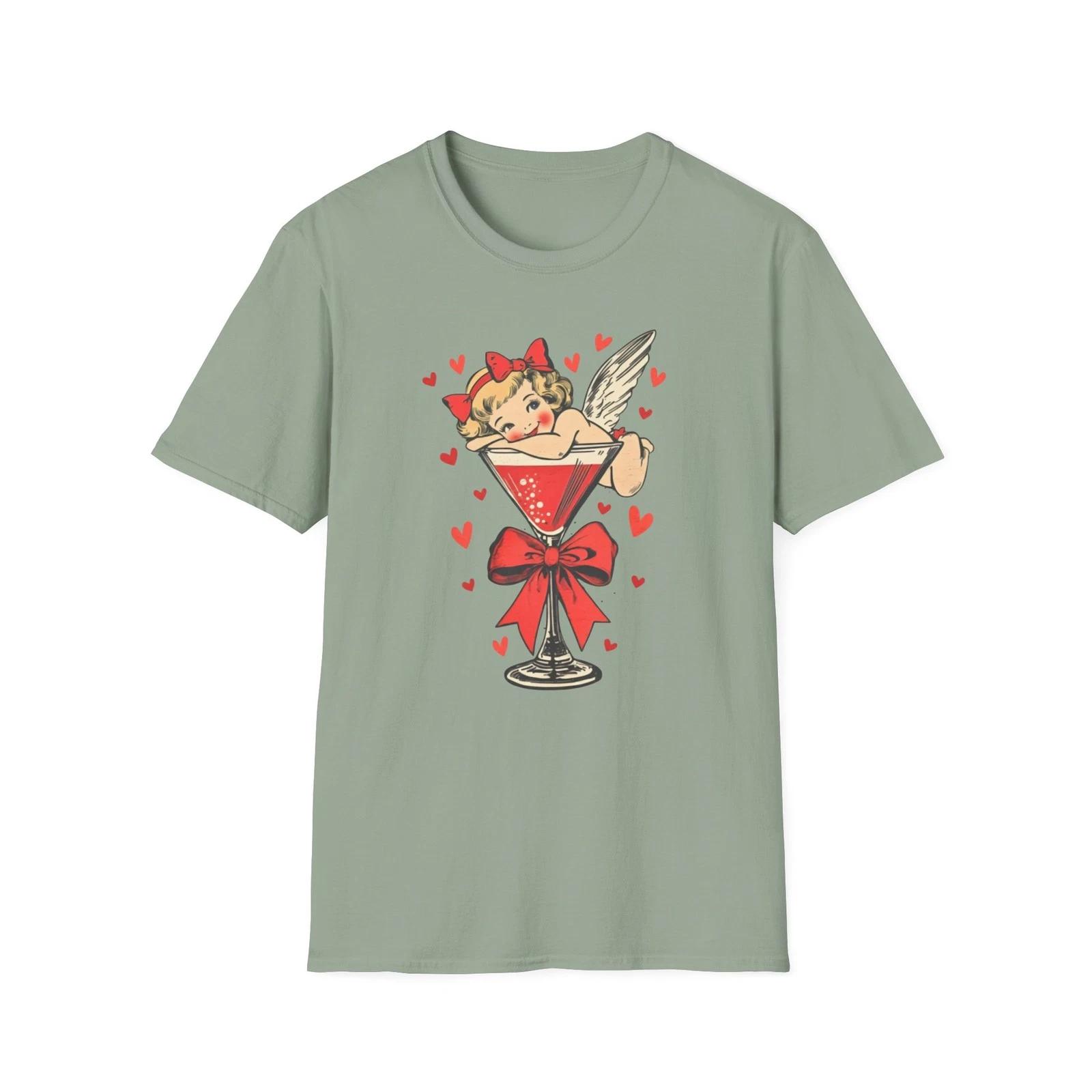 Cute Angel in Cocktail Glass T-Shirt | Valentine Cat Illustration S