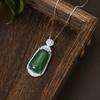 S925 Sterling Silver Inlaid Natural Chalcedony Ping An Plaque Necklace, Luxury National Style Jade Pendant Clavicle Chain for Women