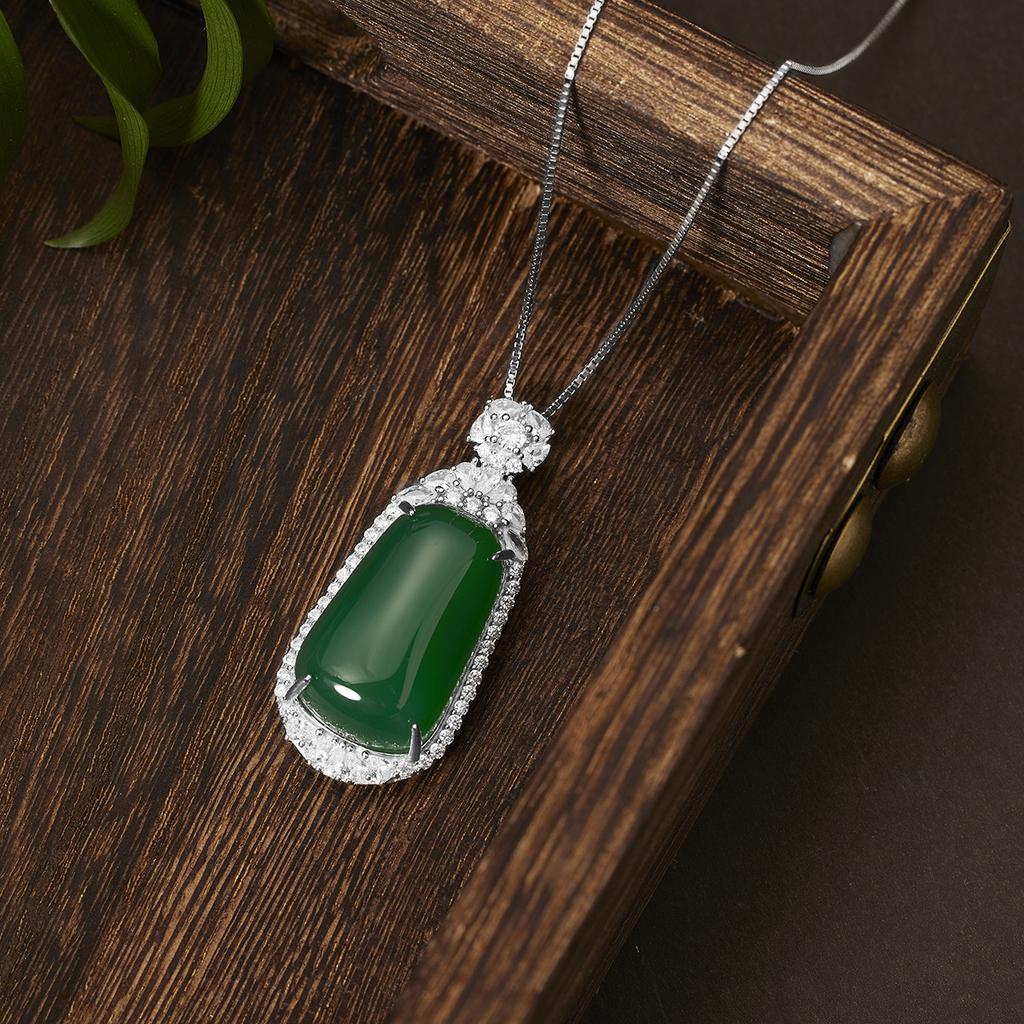 S925 Sterling Silver Inlaid Natural Chalcedony Ping An Plaque Necklace, Luxury National Style Jade Pendant Clavicle Chain for Women