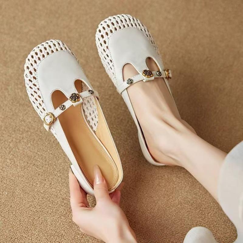 Woven hollow flat-soled sandals breathable soft leather inner heightening characters with flower bag head half slippers women's summer wear