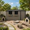 Galvanized Steel Garden House 359.4 cm x 284.2 cm (10.21 m²), Brown, with 3 Openable Windows, Lockable Double Doors and Flower Rack