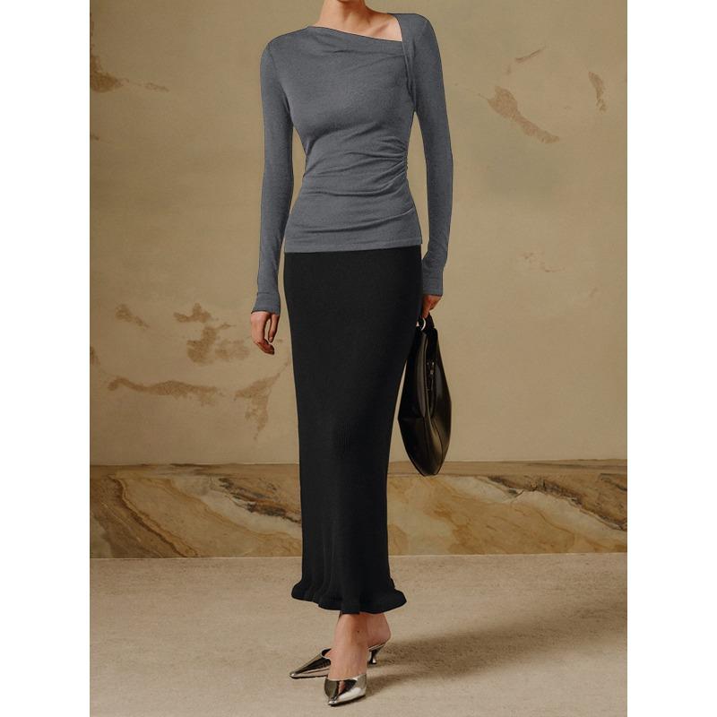 Women's Sexy Slant Neck Long Sleeve Solid Colour Inner Temperament Elegant Top