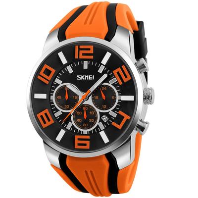 SKMEI Men's Silicone Watch, Stylish Casual Sport Watch with Big Face, Waterproof, Chronograph, Analog, Date Display, Fluorescent, Orange, Luxury Gift