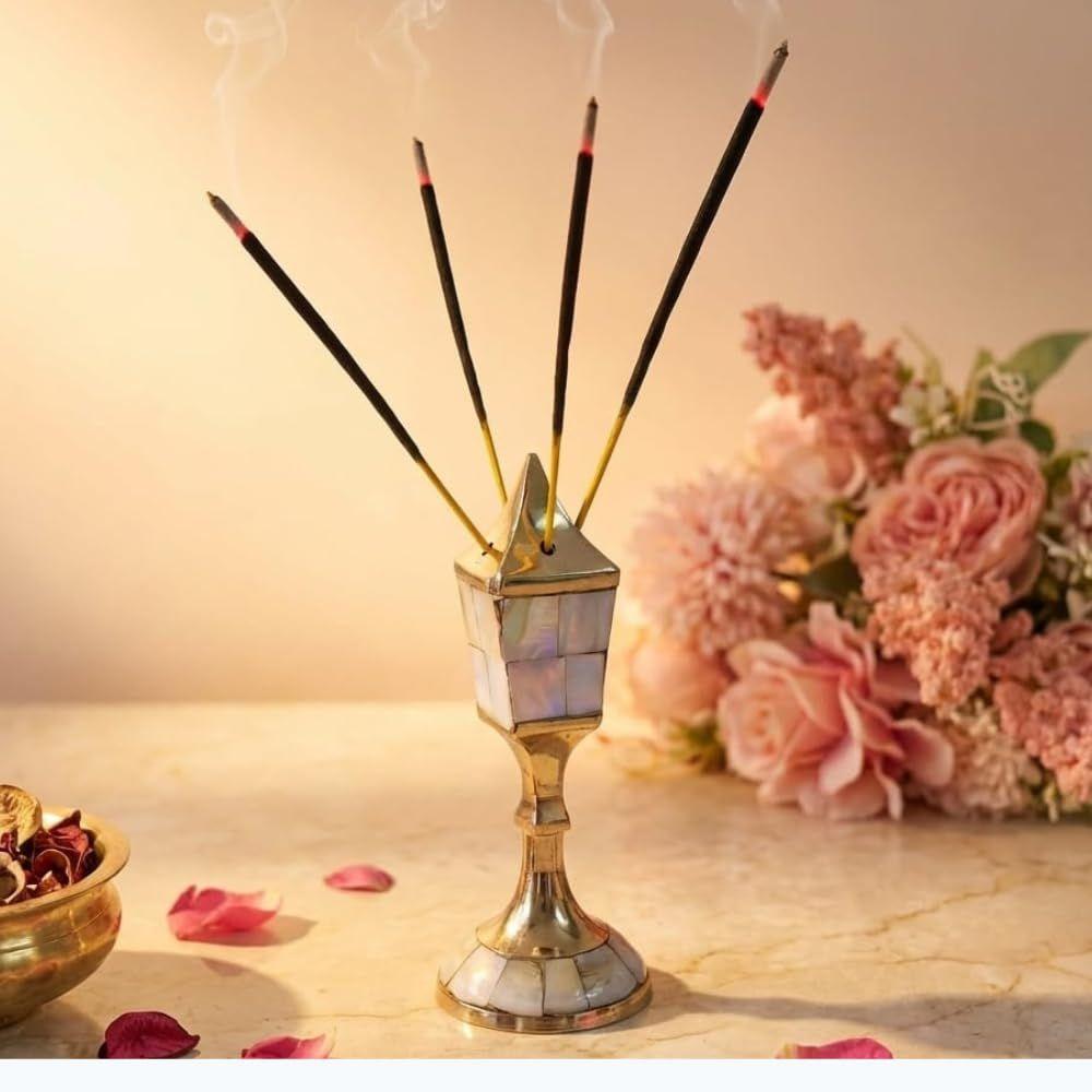 Lamp Post Design Brass & Mother of Pearl Incense Stick Holder for Home Decor