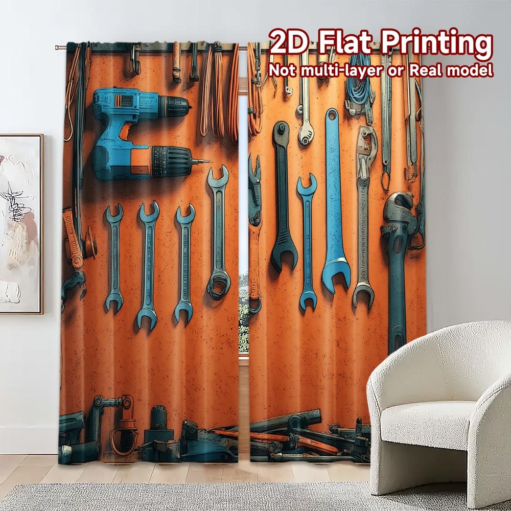 2 Stück, 2D-FLACHDRUCK Vorhänge (Ohne Stange) Werkzeugwand Symphonie Chic Vorhangstoff 100% Polyester Vorhänge Raumdekor Geeignet