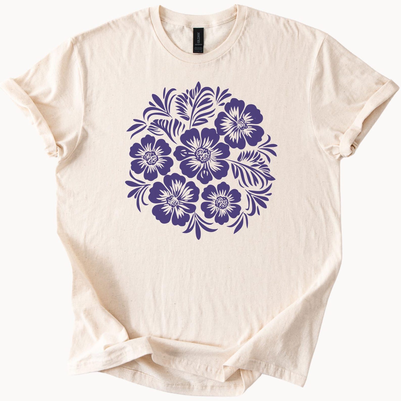 Floral Graphic T Shirt Cream Color Beautiful Purple Flower Bouquet Design Nature Inspired Botanical Art Tee Shirt for and Men 160