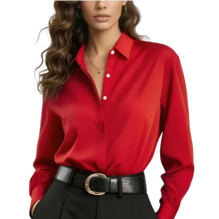 Modische Langarm Satin Freizeit Einfarbig Qualität Damen Bluse Farbe