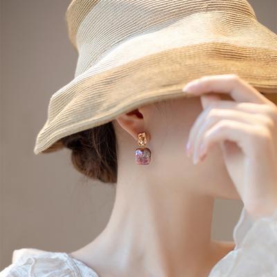 French Vintage Natural Block Baroque Shaped Pink Purple Pearl Earrings for Women's Court Style and Temperament Earrings