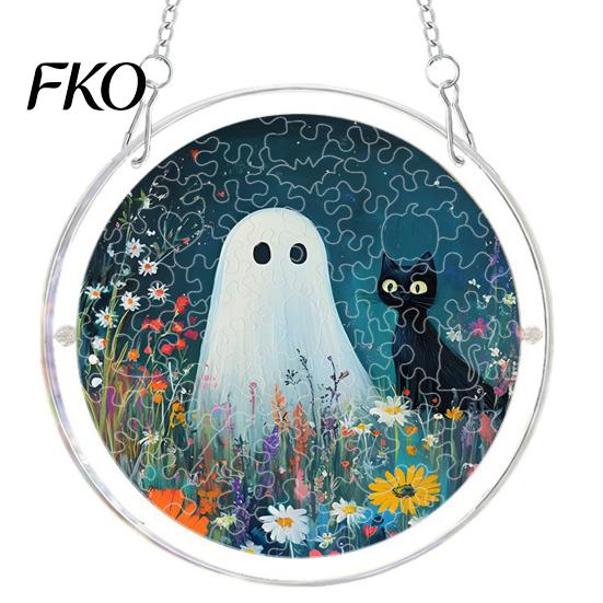 Clear Acrylic Halloween Hanging Suncatcher Jigsaw Puzzle Set, Spooky Ghost Floral Meadow Window Ornament with Metal Stained Glass Frame &