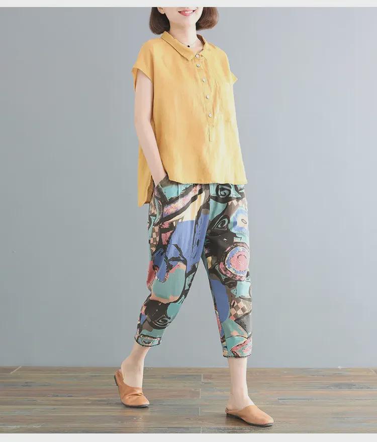 Women's 2024 Summer Retro Loose Cotton & Linen Mid-Sleeve Doll Collar Shirt