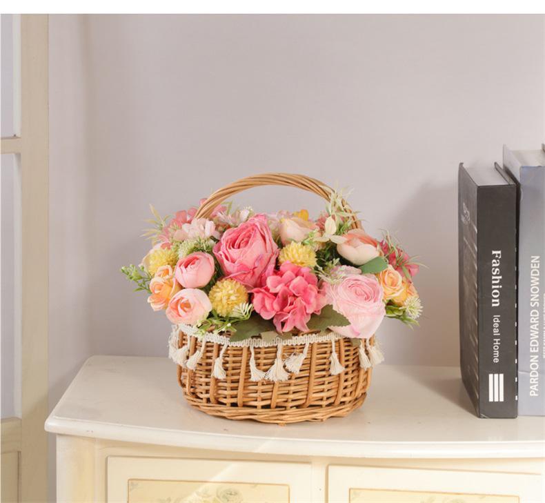 Floral Pastoral Wood Art: Straw, Willow, Rattan Weaving with Artificial Flowers and Basket Ornaments for Home and Living Room Décor