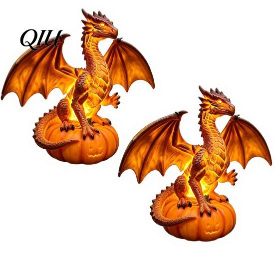Seasonal Spooky Table Decoration Dragon Solar Garden Light, Halloween Night Resin Gothic Pumpkin Unique Gift for Lovers Statue, Medieval Fantasy