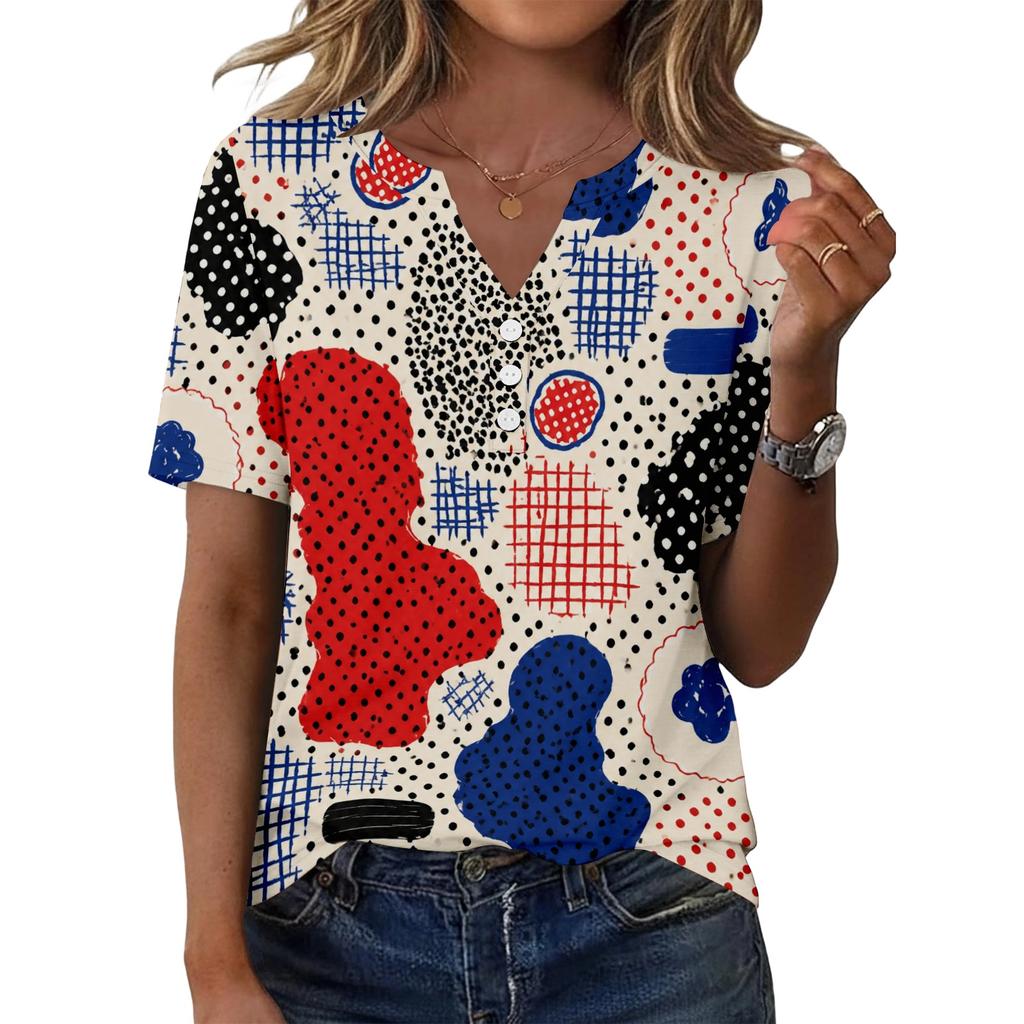 Women's Casual Floral Print V-Neck Short Sleeve T-Shirt Top with Decorative Buttons for Everyday Wear