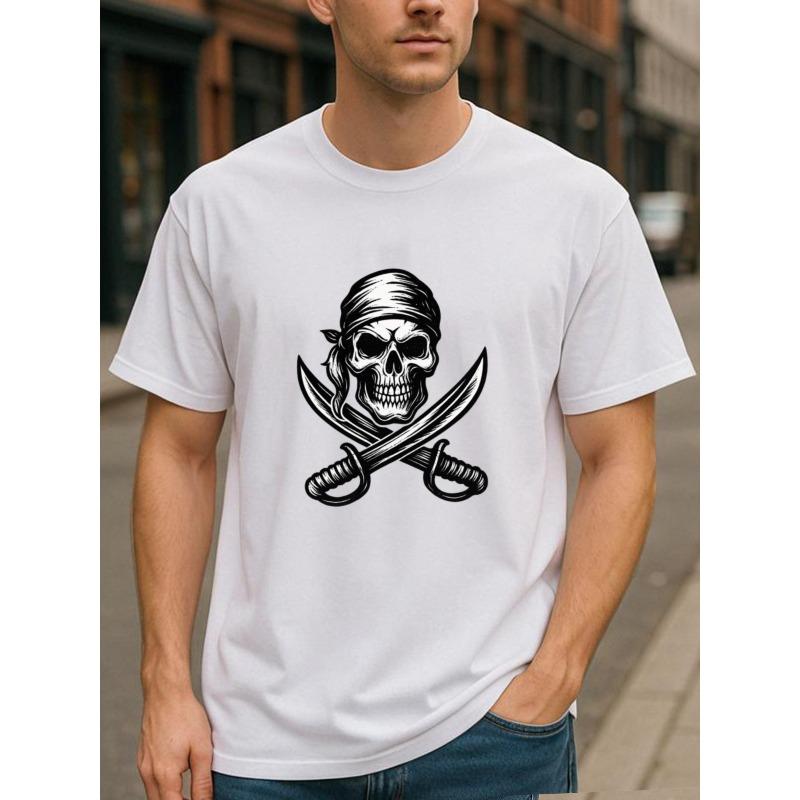 

European sizes Adventure Pirate Skeleton Double Blade Men s Printed Short-sleeved Shirt, Spring, Summer, Autumn and Winter Trendy Top 4XL білий