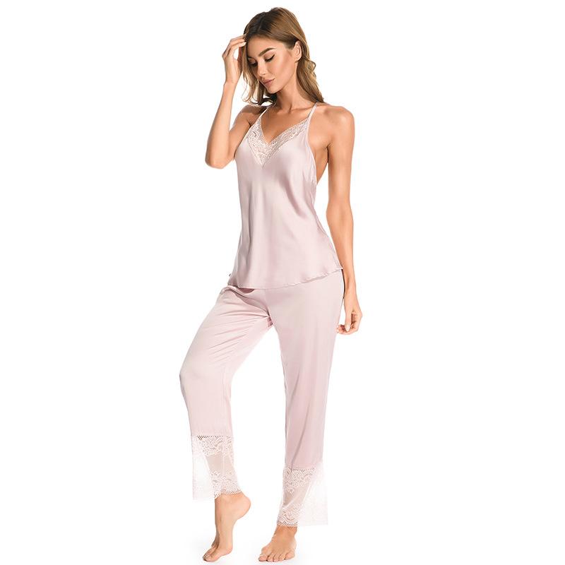 European and American ice silk suspender trousers summer thin women's loungewear pajamas set women's sexy underwear