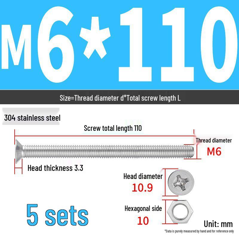 304 Stainless Steel Extra Long Phillips Flat Head Screws and Nuts Set (2M, 3M, 4M)