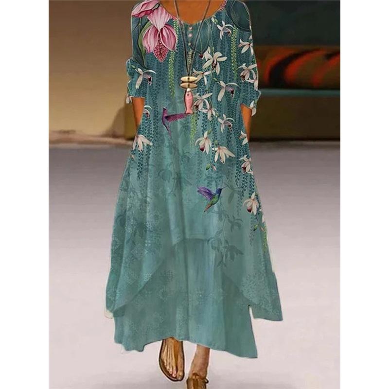 

Женское летнее новое изделие платье с принтом с длинным рукавом круглый вырез свободное большого размера повседневное с неровным подолом длинная юбка XXXL