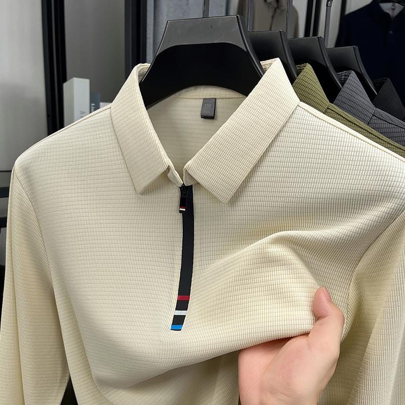 

Мужская рубашка поло с длинным рукавом на молнии до середины груди, легкая роскошь, высокое качество, уникальный клетчатый принт, корейский стиль, тренд, новая повседневная футболка M покинуть белый