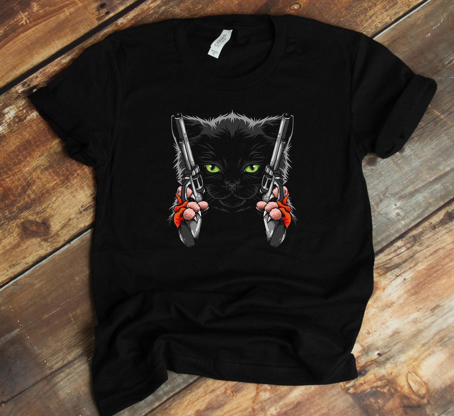 Cat with Gun T-Shirt - Gun Kitty Shirt - Gunning for Kitties - Funny Cat Shirt - Tank-top - T-shirt - Gangster Cat 2XL
