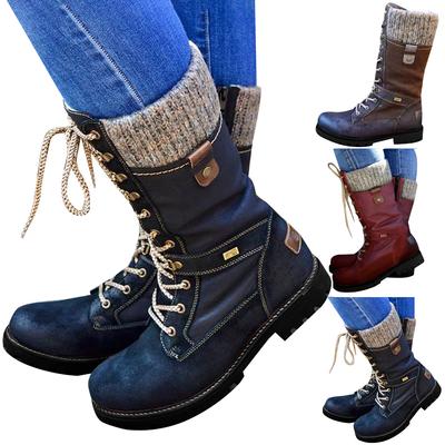 Women Retro Plain Mid-Calf Booties Ladies Leather Top Knitted Snow Boots Casual  Shoes