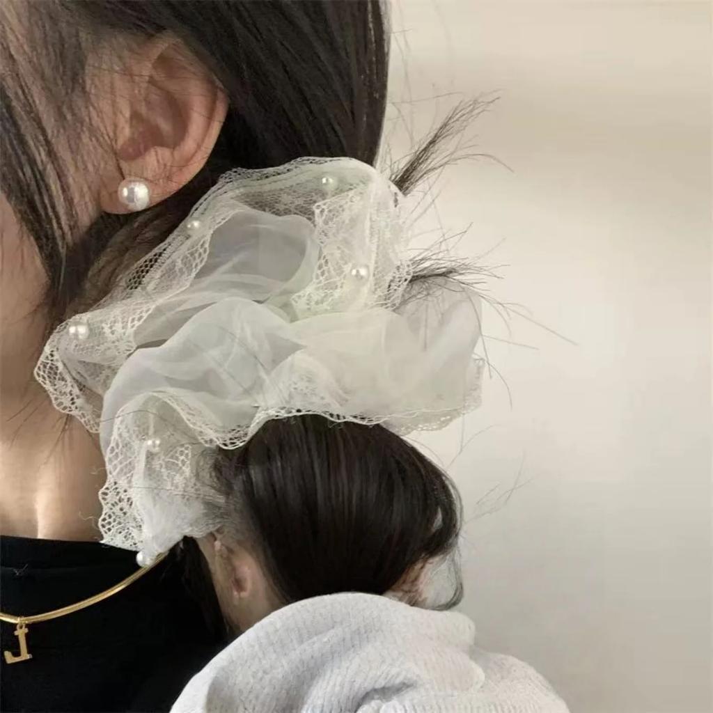 1PC Korean- tyle Dongdaemun-Inspired Lace and Pearl White Sheer Chunky Hair Scrunchie, Sweet and Gentle Hair Accessory for Women
