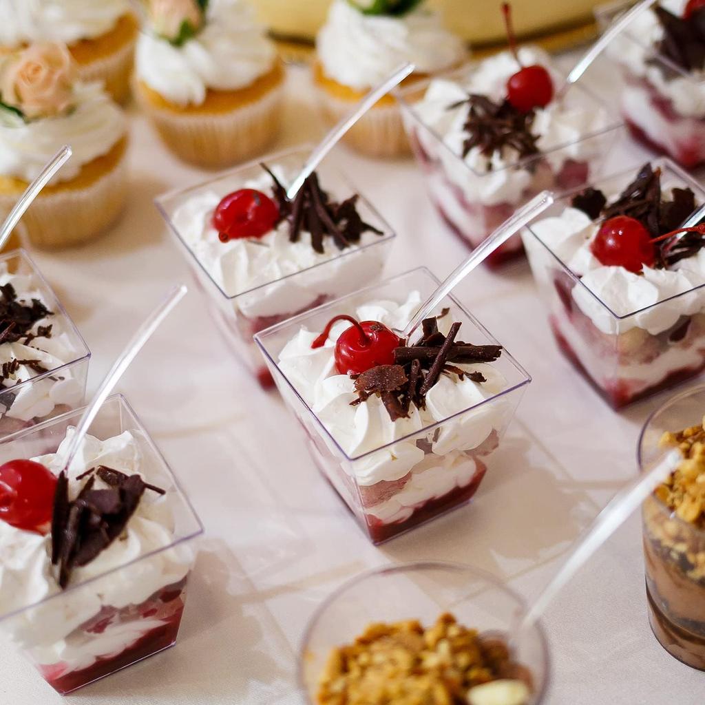 EASERCY 50 Pack 3 oz Square Mini Dessert Cups with Lids and Spoons Clear Dessert Shooter Cups with Spoons Parfait Cups with Lids Appetizer Cups for