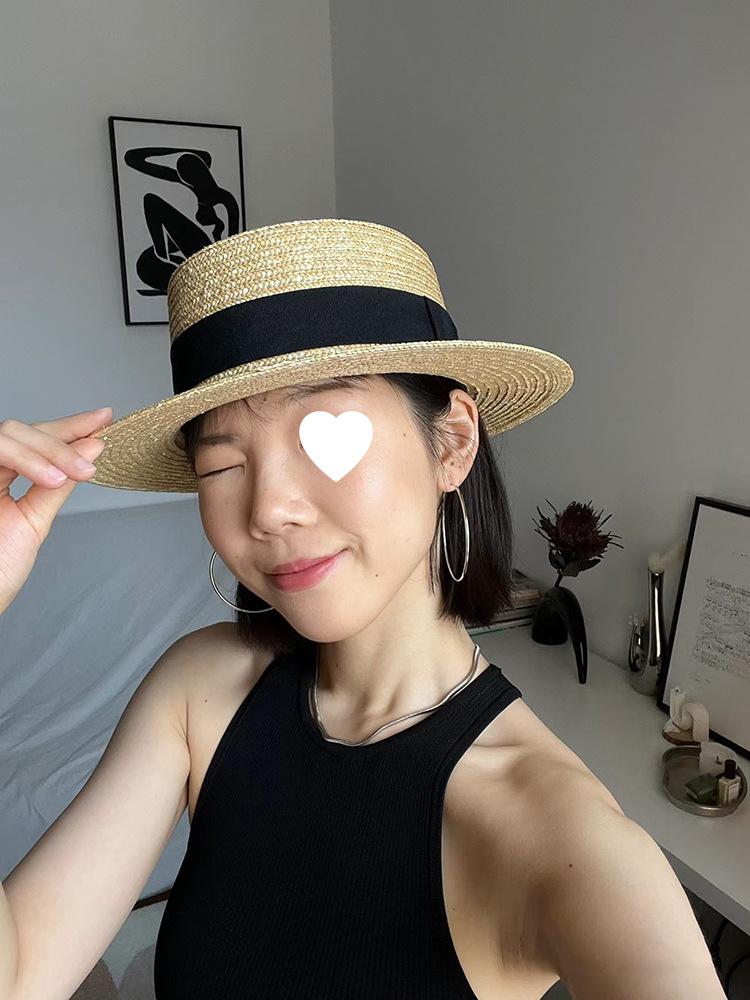 New French flat-top straw hat, women's straw straw grass flat-brimmed top hat, summer sunshade and sun protection, small face adjustable hat