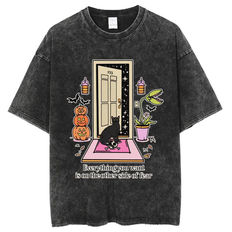 Halloween Pumpa Demon Tryck Dam T-shirt Tvättad Denim Casual Retro Lös Kortärmad Holiday Wear Kläder