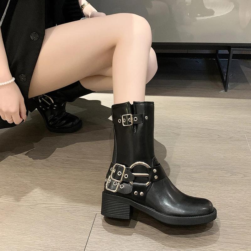 Women's Boots High Platform, Studded spring/Summer Knight Combat Gothic Elegant Mid-heel Women's Motorcycle Shoes Goth