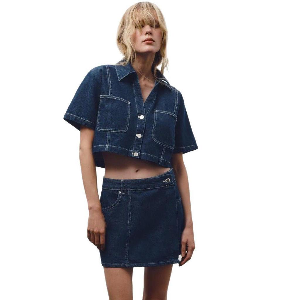 Spring 2025 Women's High-Waist Slim Denim Set with Pocket Embellished Shirt