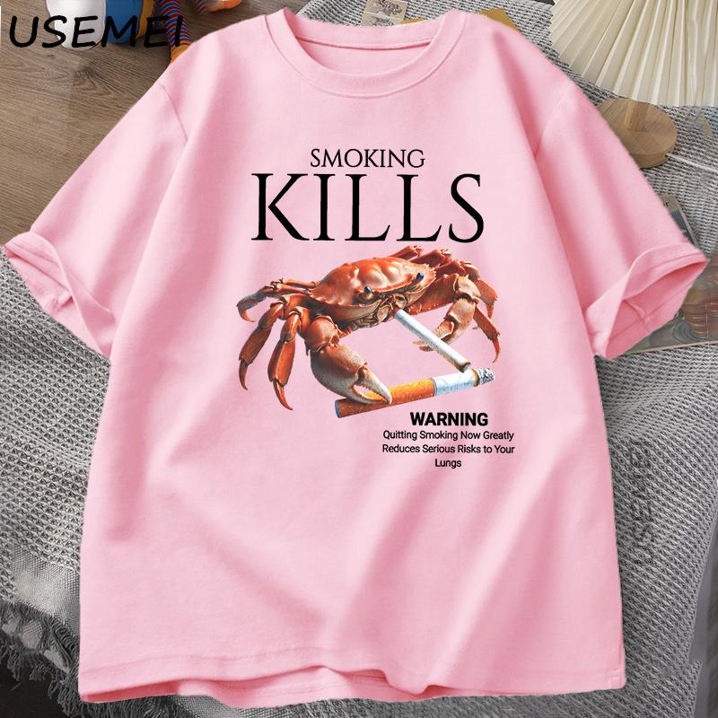Smoking Kills Crab T Shirts Unhinged Weirdcore TShirt Weird Graphic Tee Harajuku Cotton Short Sleeve Tshirt Unisexs Clothing