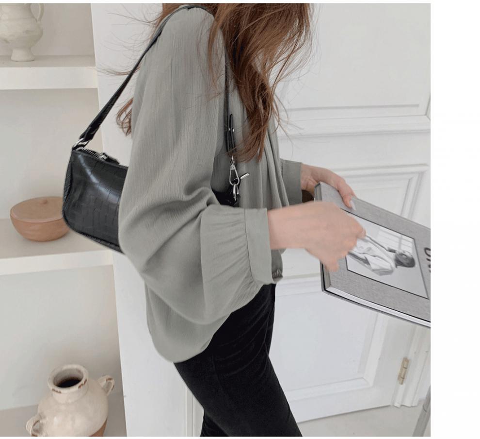 Spring and summer pullover gray long-sleeved cotton other sources temperament commuter lantern sleeves solid color round neck chiffon shirt