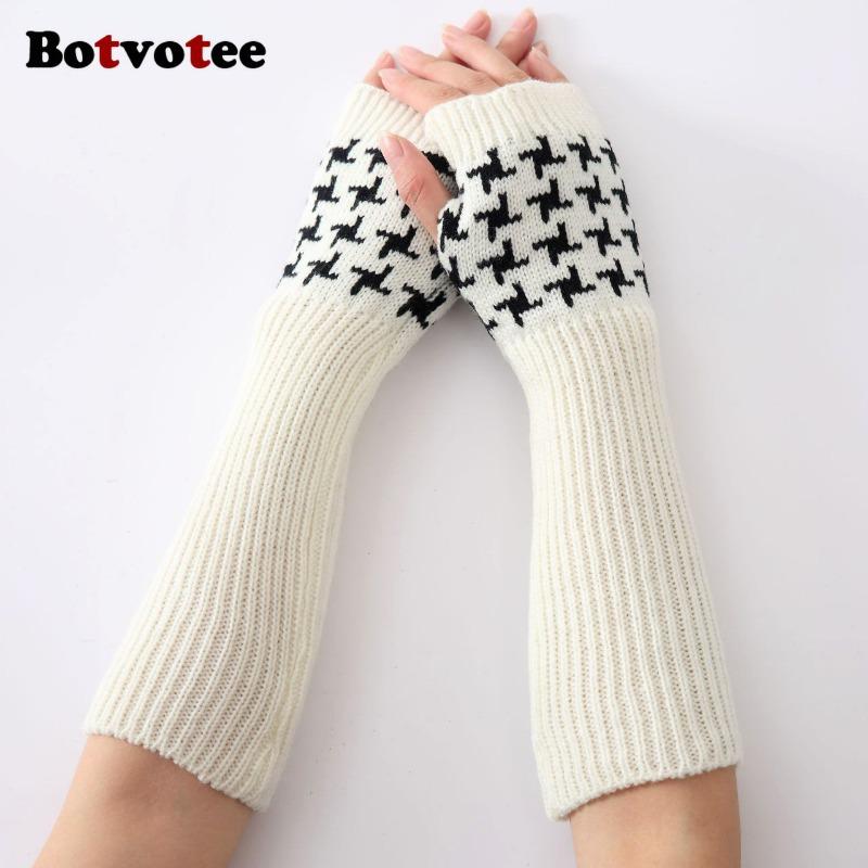 Botvotee Sleeves for Women Y2k Accessories Fingerless Gloves Arm Warmers Knit Winter Warm Houndstooth Long Hands Free Gloves