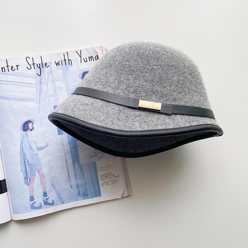 Top Hat Women's Warm Bucket Hat Autumn and Winter Retro Wool Woolen Temperament Basin Hat Front Length and Back Short Brim