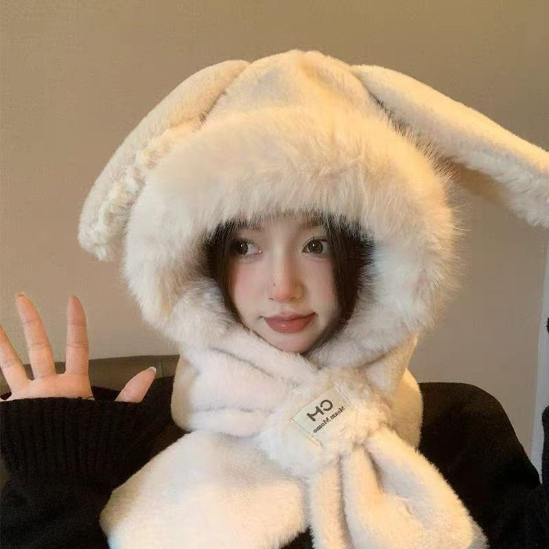 New cute rabbit ears plush hat scarf integrated two-piece set women's autumn and winter hooded scarf to keep warm