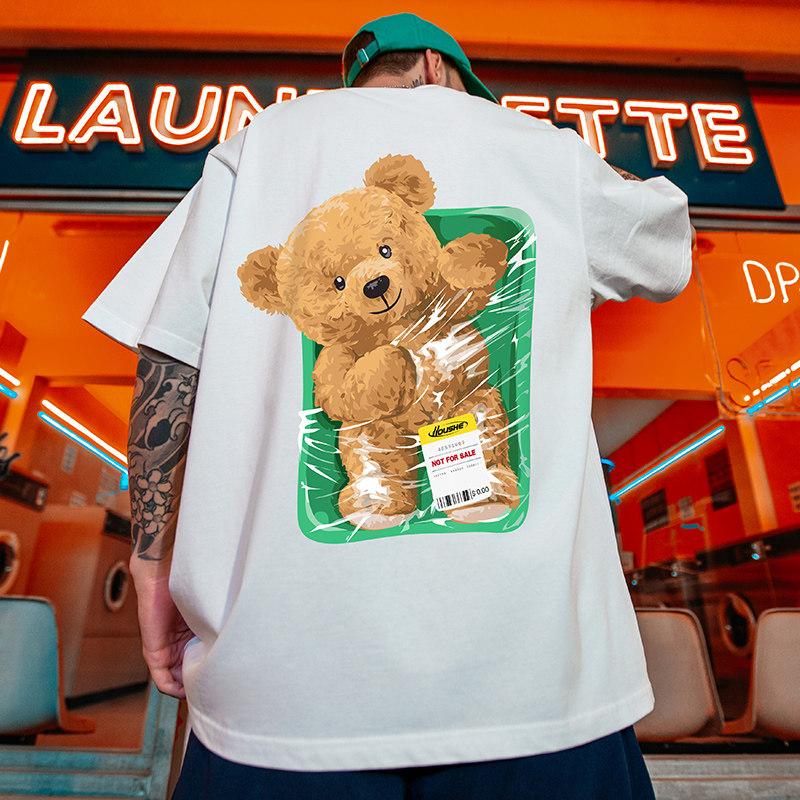 American Retro Style Vintage Bear Tshirt Popular on Instagram Loosefitting Halfsleeved Mens Shortsleeved Shirt