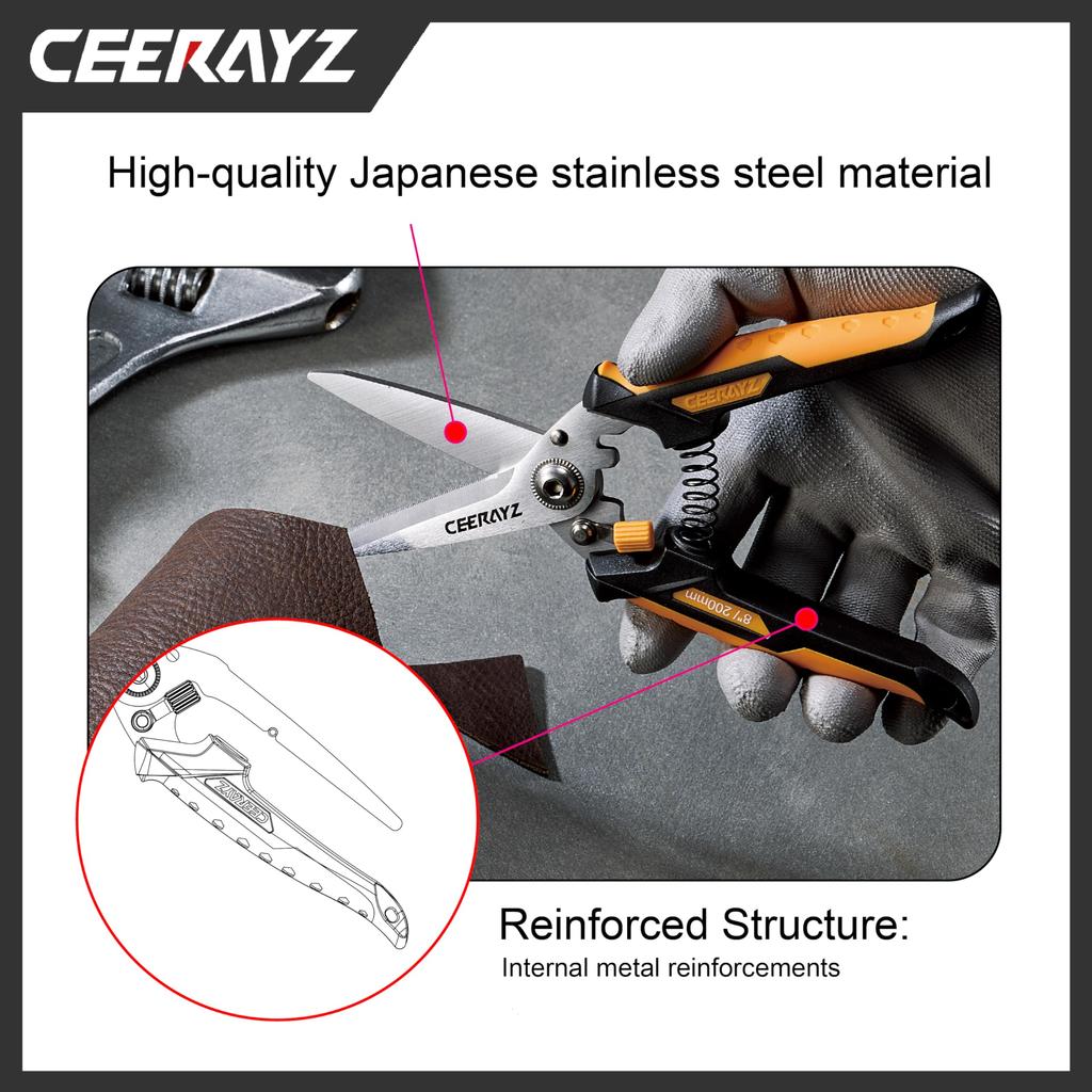 CEERAYZ Scissors 200mm Multipurpose Heavy Duty 420 Japanese Stainless Steel Industrial Scissors Scissors Metalworking Pruning Gardening Pruning with