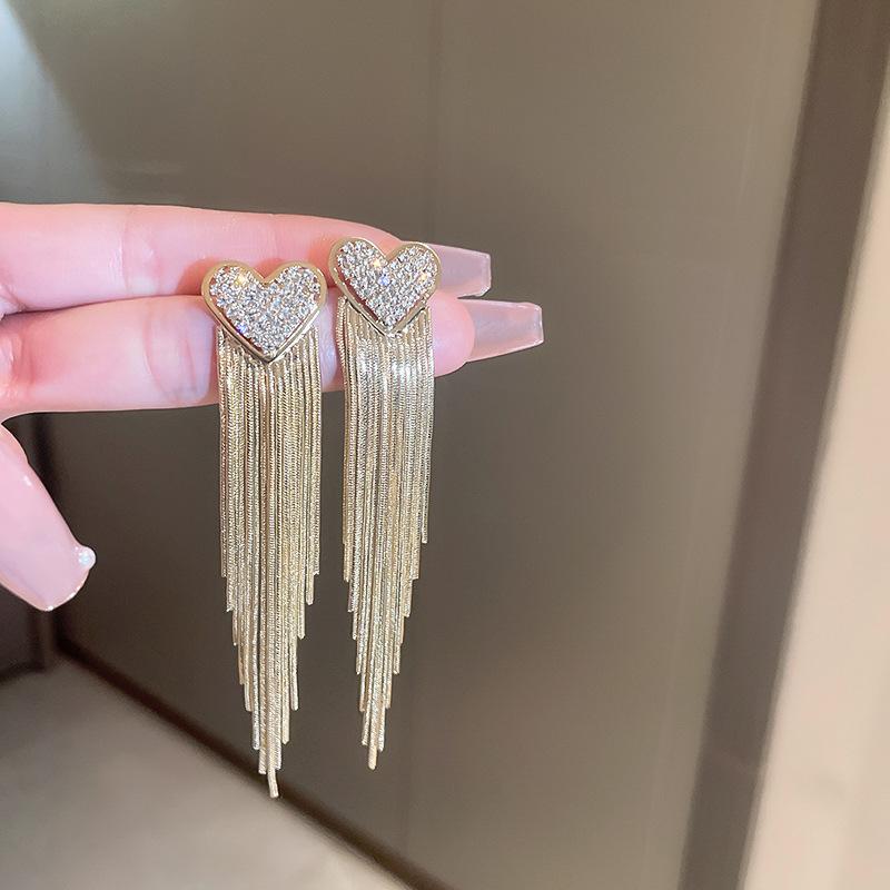 Luxury Heart Drop Earrings Women's Fashion Rhinestone Crystal Chain Long Tassel Earrings Wedding Party Zircon Accessories