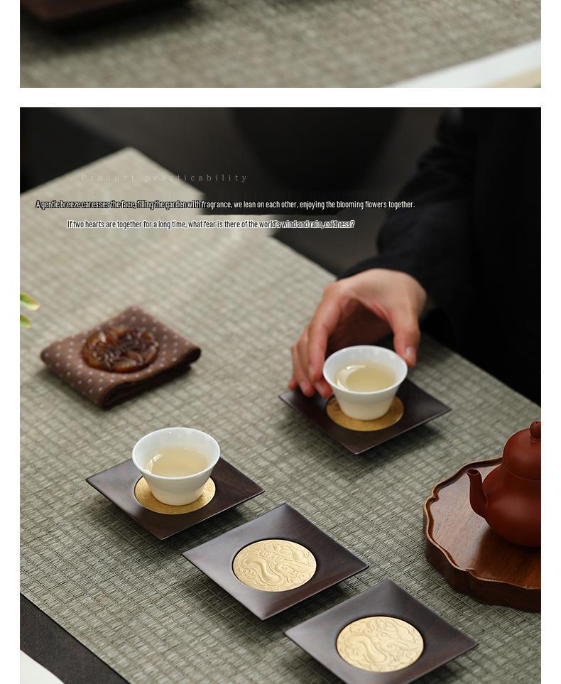 Suport pentru cești de ceai din lemn masiv cu incrustație de cupru – Pad izolator anti-opărire pentru birou și accesorii pentru set de ceai Kung Fu