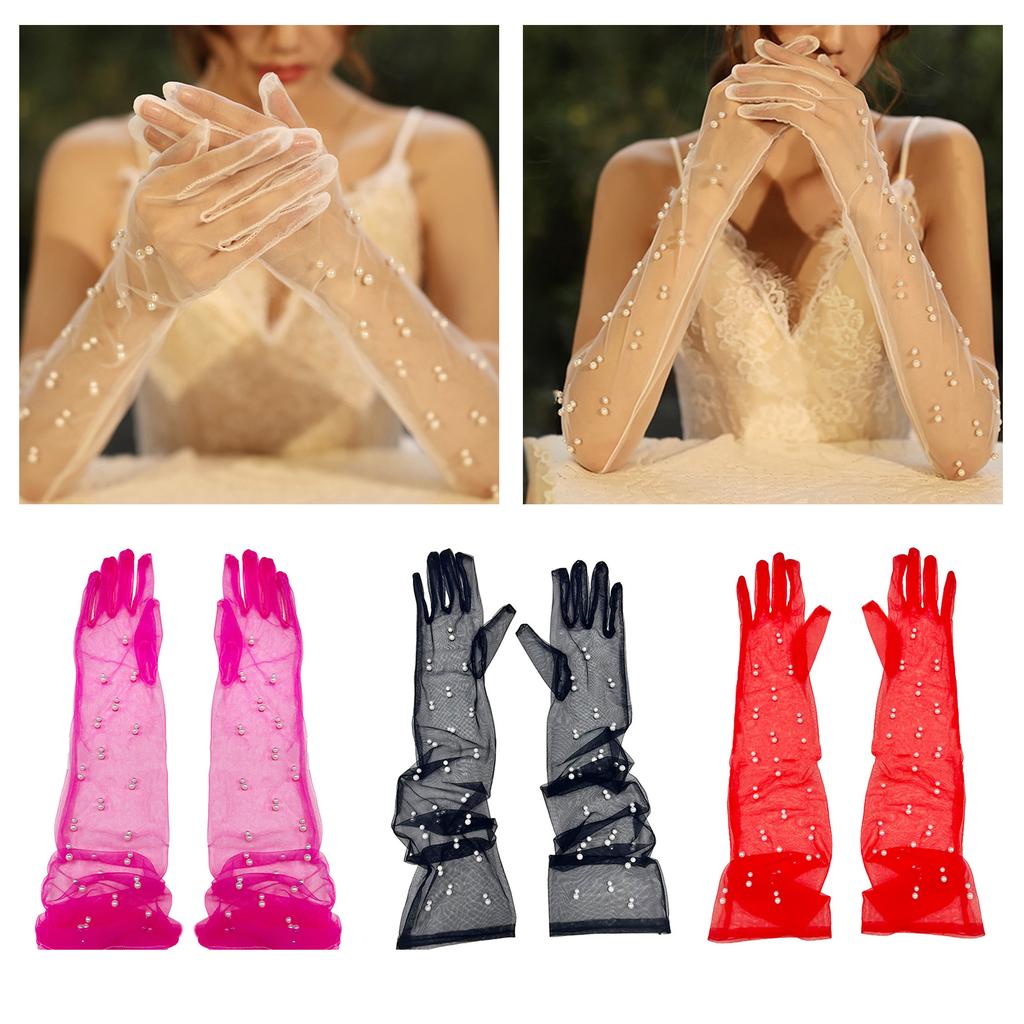 Wedding Tulle Gloves Pearls Studded Full Finger Gloves Elbow Length Gloves for Wedding Engagement Bachelorette Party